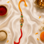 Premium Lord Ganesha Crystal Designer Rakhi on festive satin background with pooja essentials