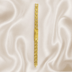 Top view of Eshanarya engraved gold bracelet Rakhi featuring a minimalist rectangular centrepiece and geometric chain links