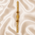 Vertical view of Eshanarya Mere Bhai Bracelet Rakhi featuring engraved centreplate, Rudraksha accents and geometric gold bracelet links