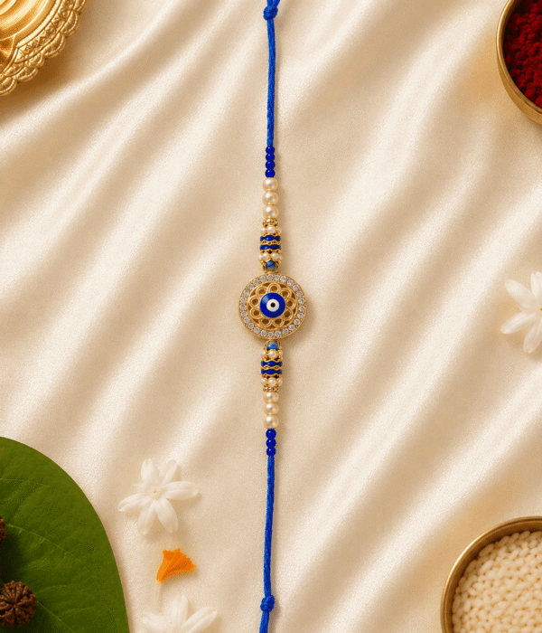 Eshanarya Blue Evil Eye Pearl Designer Rakhi for Brother | Crystal Stone Rakhi