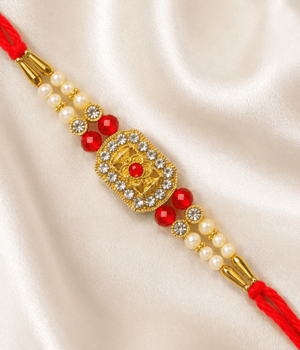 Eshanarya Royal Floral Crystal Rakhi with Pearl & Ruby Beads | Premium Designer Rakhi for Brother