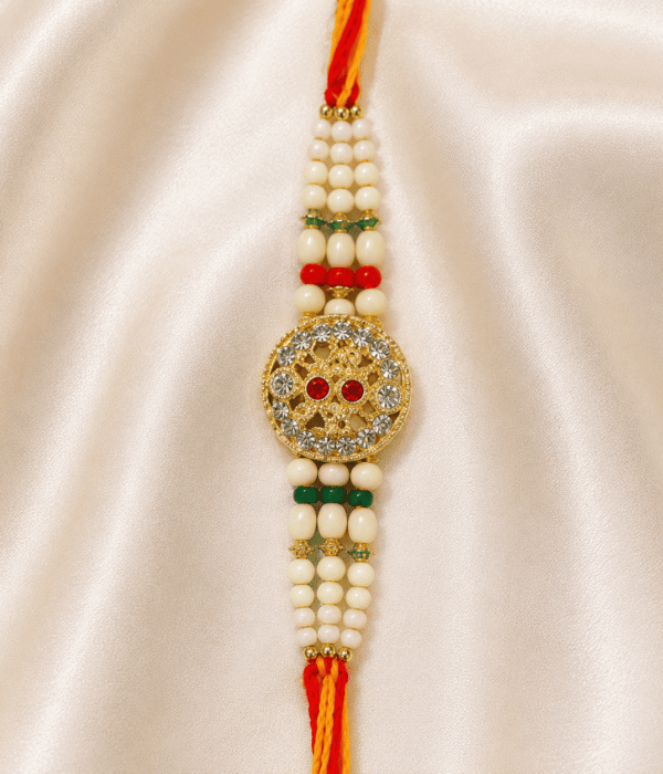 Eshanarya Heritage Round Crystal & Pearl Designer Rakhi for Brother | Premium Raksha Bandhan Rakhi