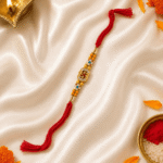 Eshanarya Swastik Designer Rakhi festive flat lay with diya kumkum and marigold flowers