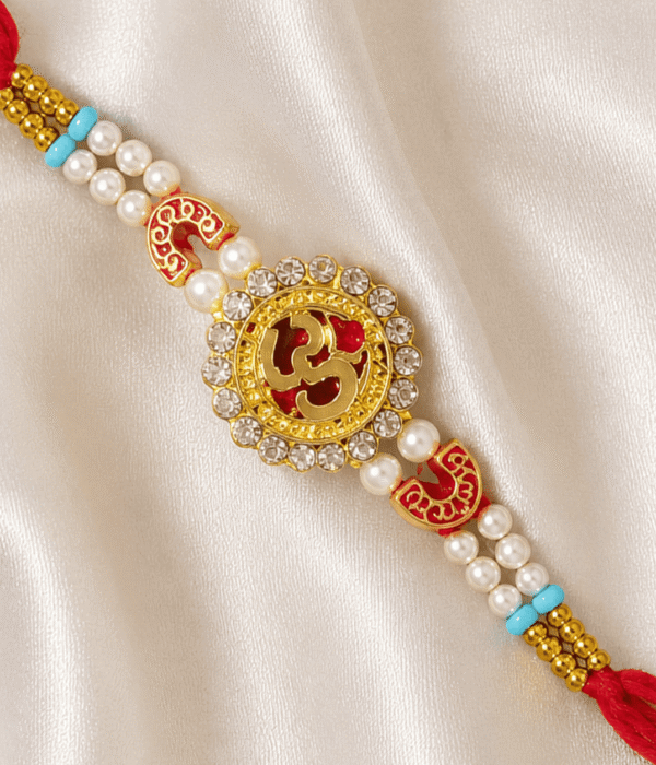 Eshanarya Om Designer Rakhi with Crystal Halo & Pearl Beads | Premium Rakhi for Brother