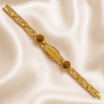 Designer Mere Bhai Bracelet Rakhi with gold finish bracelet links, Rudraksha beads and crystal-studded centrepiece by Eshanarya