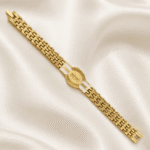 Premium Radhe Radhe Bracelet Rakhi for Raksha Bandhan showcasing a gold finish bracelet with an engraved spiritual centre motif.