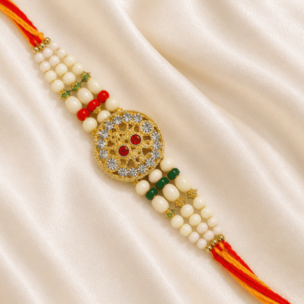Premium Heritage Round Designer Rakhi on Satin Background Close-up