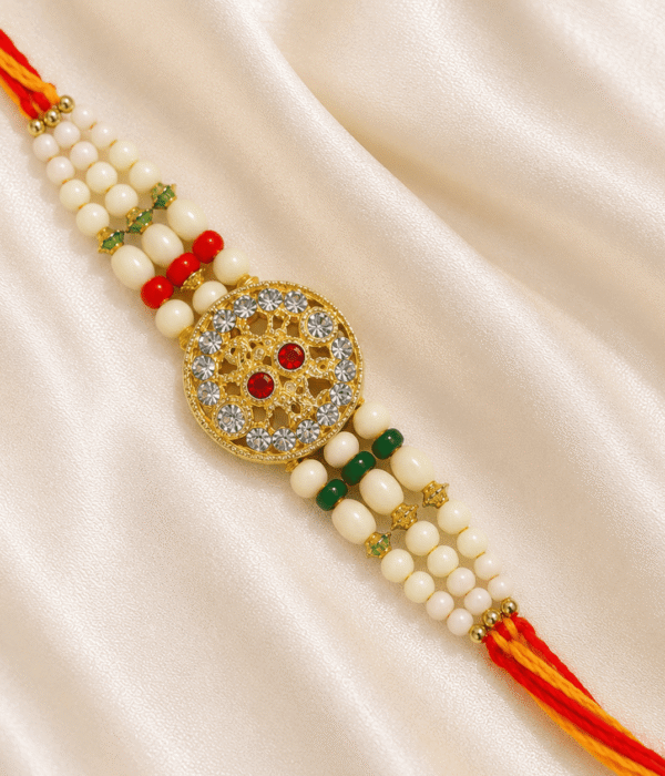 Eshanarya Heritage Round Crystal & Pearl Designer Rakhi for Brother | Premium Raksha Bandhan Rakhi