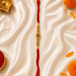 Full view of Divine Swastik Crystal Rakhi for Brother on festive satin background