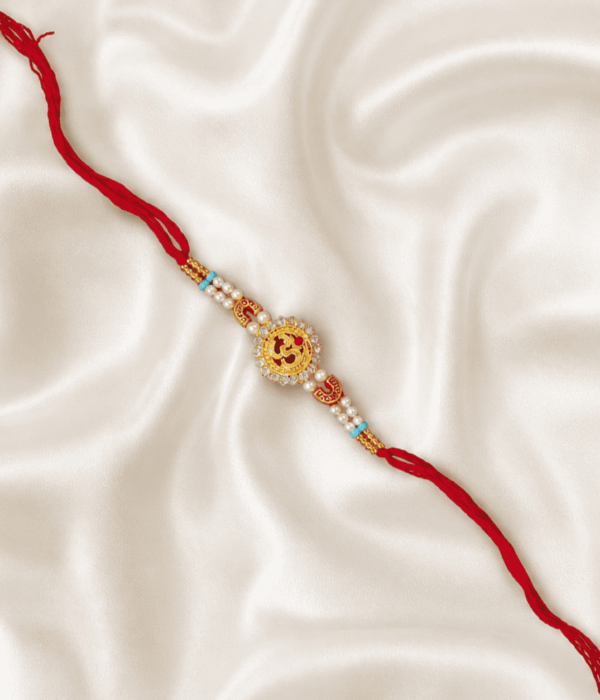 Eshanarya Om Designer Rakhi with Crystal Halo & Pearl Beads | Premium Rakhi for Brother