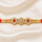 Front view of Triple Crystal Floral Rakhi with three circular crystal motifs