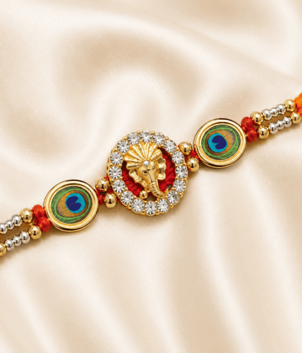 Eshanarya Lord Ganesha Peacock Feather Crystal Designer Rakhi for Brother