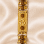 Detailed front view of Om engraved bracelet rakhi with rudraksha bead accents and premium gold-tone finish