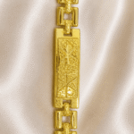 Detailed front view of Eshanarya minimalist Bracelet Rakhi showcasing the engraved rectangular centrepiece and polished links