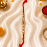 Premium BRO crystal designer rakhi displayed vertically with Raksha Bandhan festive decorations