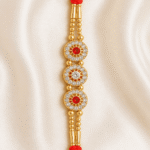 Vertical view of designer crystal Rakhi for brother with premium gold detailing