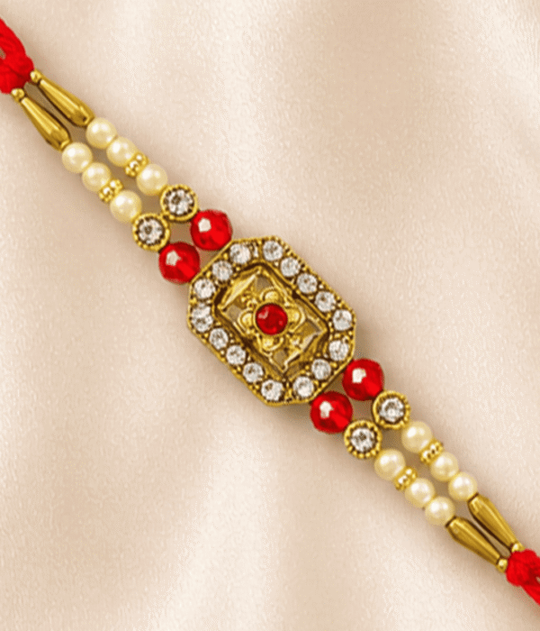 Eshanarya Royal Floral Crystal Rakhi with Pearl & Ruby Beads | Premium Designer Rakhi for Brother
