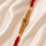 Detailed crystal Swastik designer rakhi for Raksha Bandhan festive photography