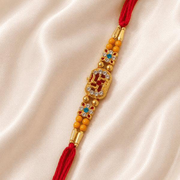 Detailed crystal Swastik designer rakhi for Raksha Bandhan festive photography