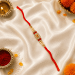 Festive premium designer rakhi with crystal floral centerpiece, diya, kumkum, and marigold flowers for Raksha Bandhan