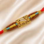 Close-up of spiritual Mahakal Rakhi with intricate cutwork and crystal detailing