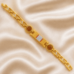 Premium Om Rudraksha Bracelet Rakhi by Eshanarya displayed on an off-white satin background with gold finish bracelet chain and decorative detailing.