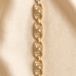 Vertical close-up of Eshanarya designer Bracelet Rakhi showcasing geometric links and polished gold finish.