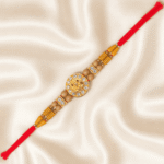 Crystal Lord Ganesha Rakhi with wooden beads on traditional Raksha Bandhan festive décor