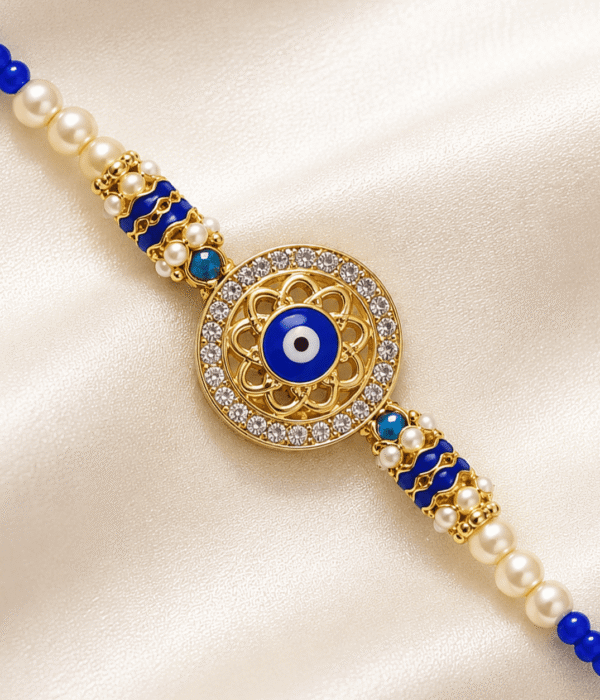 Eshanarya Blue Evil Eye Pearl Designer Rakhi for Brother | Crystal Stone Rakhi