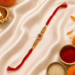 Premium Swastik crystal designer rakhi displayed with festive Raksha Bandhan decorations