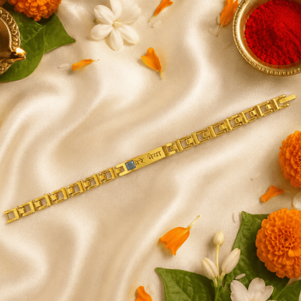 Eshanarya Gold Bracelet Rakhi with Blue Crystal Styled with Kumkum, Diya, Marigold Flowers and Jasmine for Raksha Bandhan