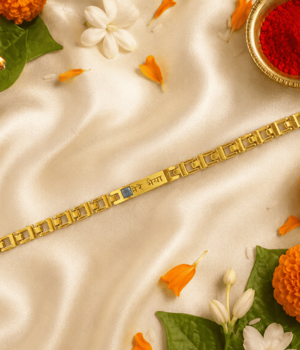 Eshanarya Gold-Tone "Mere Bhaiya" Bracelet Rakhi with Blue Crystal