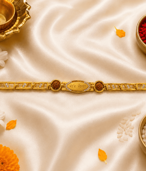 Eshanarya Mere Bhaiya Rudraksha Bracelet Rakhi | Gold Finish Designer Rakhi