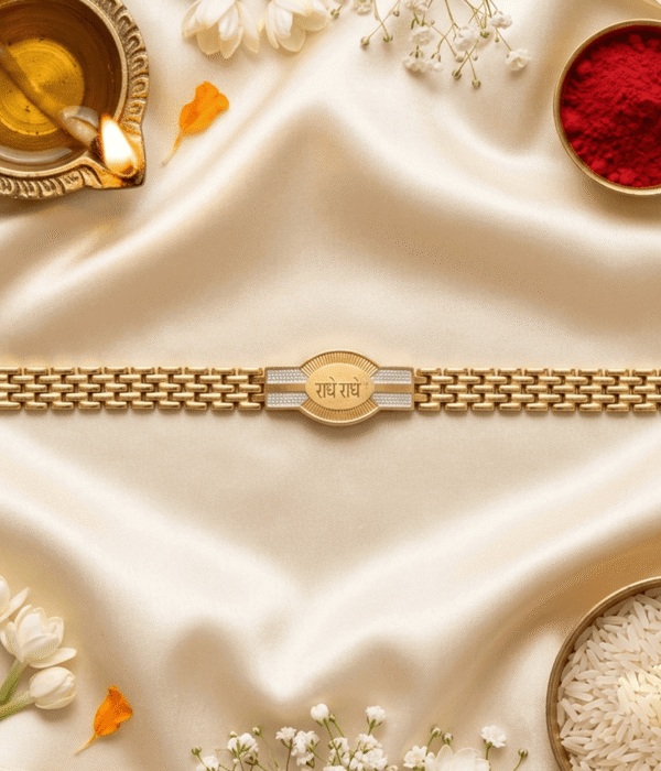 Eshanarya Radhe Radhe Gold Finish Bracelet Rakhi for Brother | Designer Rakhi