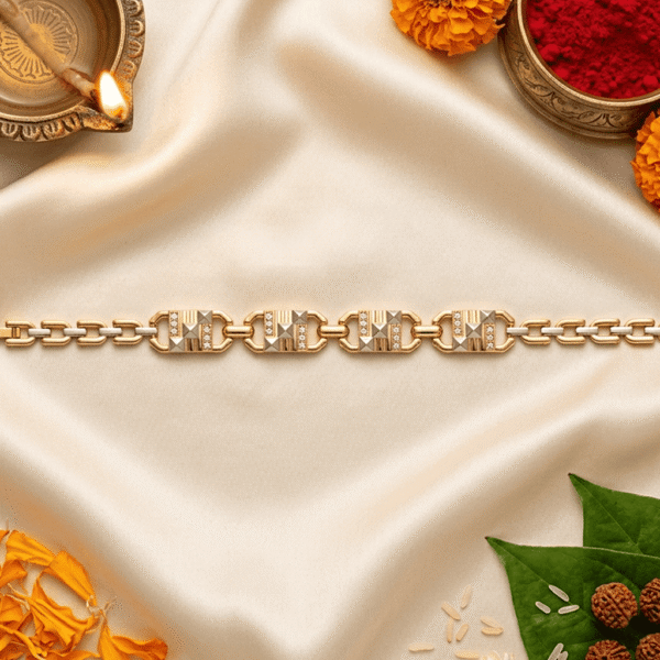 Festive flat lay of Eshanarya gold geometric Bracelet Rakhi with diya, kumkum, rice, marigold petals and sacred Rudraksha beads.