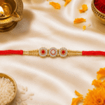 Premium crystal floral Rakhi for brother displayed with Raksha Bandhan festive décor