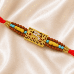 Front view of Mahakal Rudraksha Designer Rakhi with gold-tone finish and devotional design
