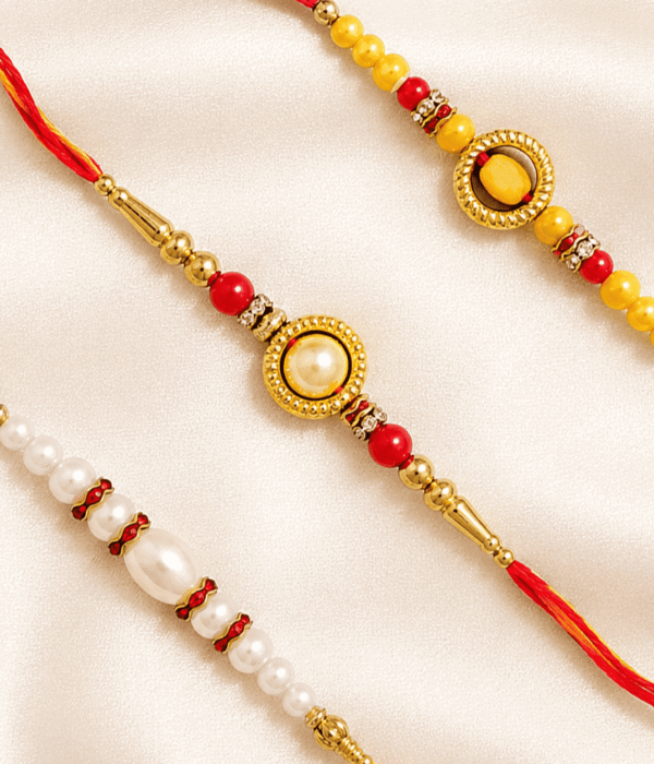Eshanarya Premium Designer Rakhi Combo Set of 3 | Pearl & Traditional Rakhi Collection
